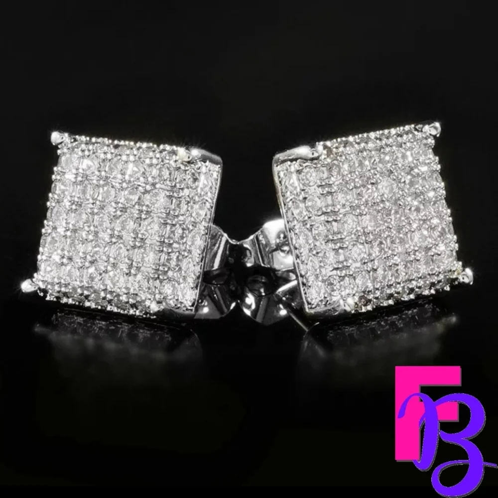 Iced Mens 14K White Gold Micropave Earrings